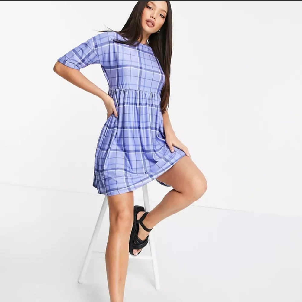 NWT Urban Threads Tall smock mini dress in blue check print US 8 tall